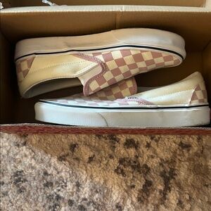 Vans Cream and Pink Checkered Slip-Ons